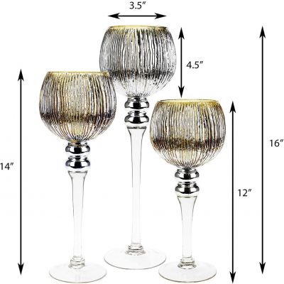 3-Piece Set, Gold Wavy Etched Mercury Glass Candle Holders. H-12", 14", 16" (Free Shipping)