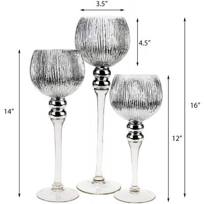 3-Piece Set, Silver Wavy Etched Mercury Glass Candle Holders. H-12", 14", 16" (Free Shipping)