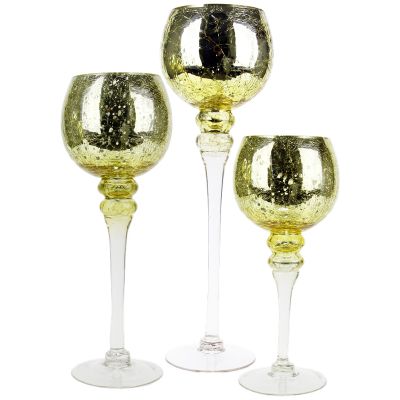 3-Piece Set, Metallic Gold Crackle Mercury Glass Candle Holders. H-12", 14", 16" (Free Shipping)