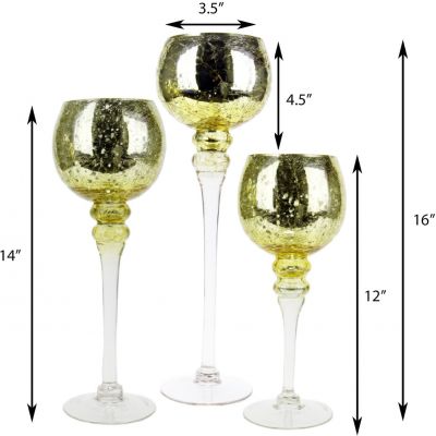 3-Piece Set, Metallic Gold Crackle Mercury Glass Candle Holders. H-12", 14", 16" (Free Shipping)