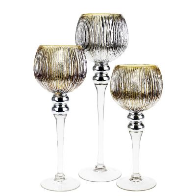 3-Piece Set, Gold Wavy Etched Mercury Glass Candle Holders. H-12", 14", 16" (Free Shipping)