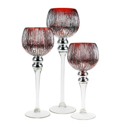 3-Piece Set, Red Wavy Etched Mercury Glass Candle Holders. H-12", 14", 16" (Free Shipping)