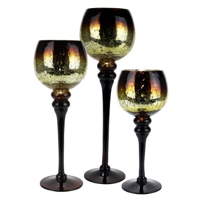 3-Piece Set, Amber Gold Crackle Mercury Glass Candle Holders. H-12", 14", 16" (Free Shipping)