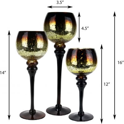 3-Piece Set, Amber Gold Crackle Mercury Glass Candle Holders. H-12", 14", 16" (Free Shipping)