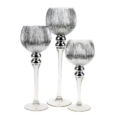 3-Piece Set, Silver Wavy Etched Mercury Glass Candle Holders. H-12", 14", 16" (Free Shipping)