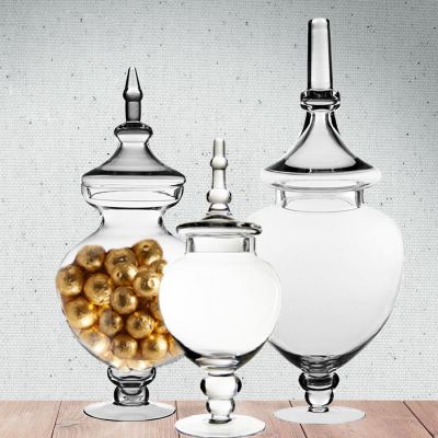 Set of 3 Glass Apothecary Jars Candy Buffet Containers - H: 25", 21.5", 14.75"