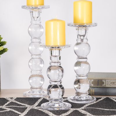 3 pcs Bubble Stem Glass Taper & Pillar Candlesticks 7.5", 9.5", 11.5"
