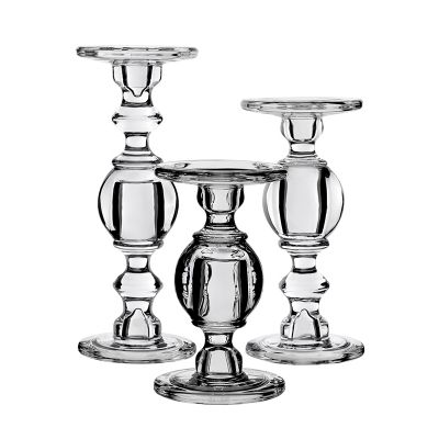 3-Piece Set, Baluster Stem Glass Taper & Pillar Candlesticks H-7.5", 9.5", 11.5"
