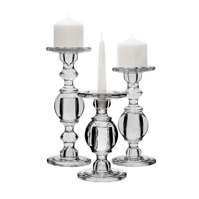 3-Piece Set, Baluster Stem Glass Taper & Pillar Candlesticks H-7.5", 9.5", 11.5"