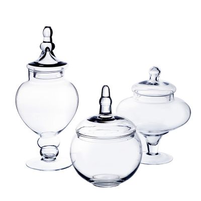 Set of 3 Glass Apothecary Jars Candy Buffet Containers - H: 10", 14.75", 10"