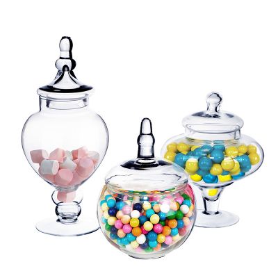 Set of 3 Glass Apothecary Jars Candy Buffet Containers - H: 10", 14.75", 10"