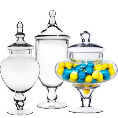 Set of 3 Glass Apothecary Jars Candy Buffet Containers - H: 10", 16.5", 14.75"