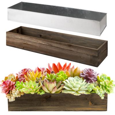 6" Natural Garden Wood Rectangle Box Planter with Zinc Metal Liner Vase