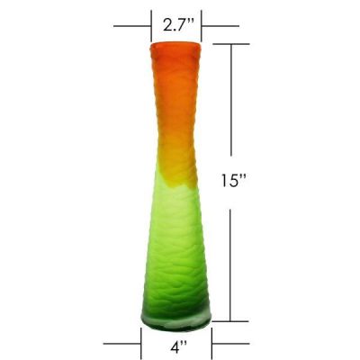 15" Carved Orange and Green Color Glass Vase