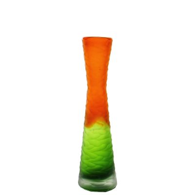 11" Carved Orange and Green Color Glass Vase