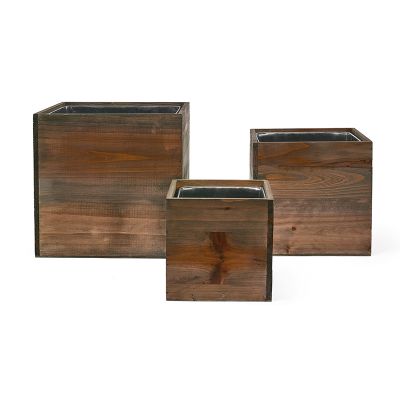 Wood Planter Rustic Large Cube Box with Zinc Metal Liner, Multiple Sizes