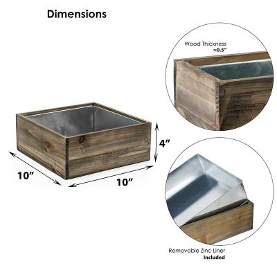 Natural Brown Wood Square Planter Box With Metal Zinc Liner (H:4" Open:10"x10") - Free Shipping