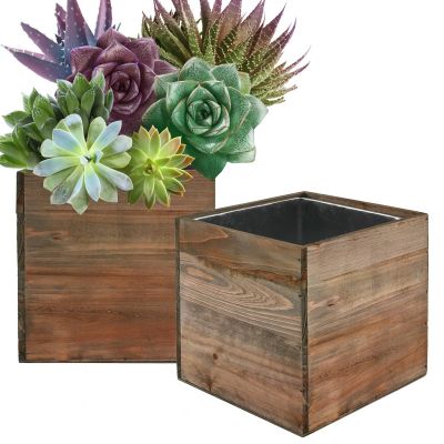 Wood Planter Cube Rustic Box 5", 6", 8", 10" & 12" with Zinc Metal Liner, Multiple Sizes