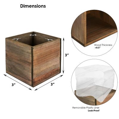 4" Garden Wood Cube Box Planter with Zinc Metal Liner Vase