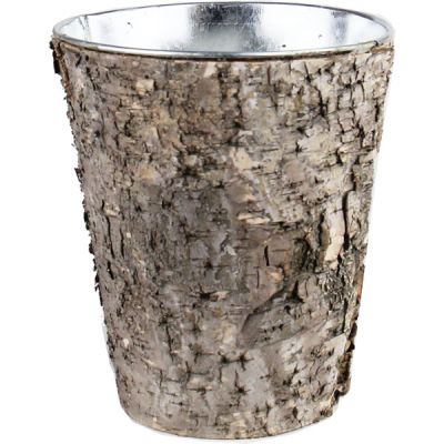 7" Round Planter Birch Wood Wrap Zinc Metal Vase