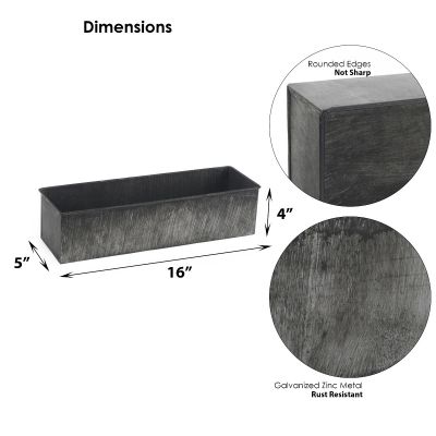 4"x16" Garden Planters Zinc Iron Grey Finish Rectangle Vase