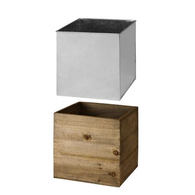 5" Garden Wood Cube Box Planter with Zinc Metal Liner Vase