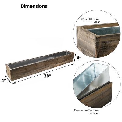 6" Natural Garden Wood Rectangle Box Planter with Zinc Metal Liner Vase