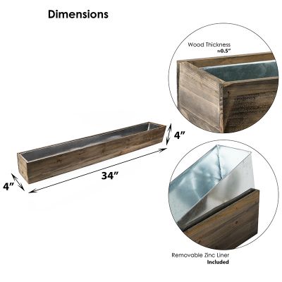 Natural Brown Wood Rectangle Planter Box With Metal Zinc Liner (H:4" Open:34"x4") - Free Shipping