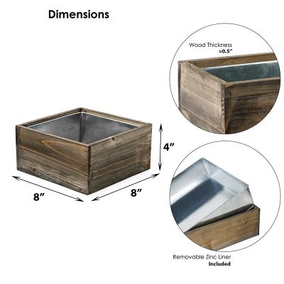 Natural Brown Wood Square Planter Box With Metal Zinc Liner (H:4" Open:8"x8") - Free Shipping