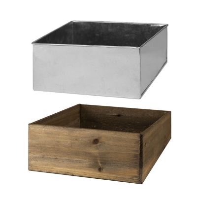 Natural Brown Wood Square Planter Box With Metal Zinc Liner (H:4" Open:10"x10") - Free Shipping