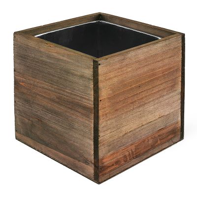 8" Garden Wood Cube Box Planter with Zinc Metal Liner Vase