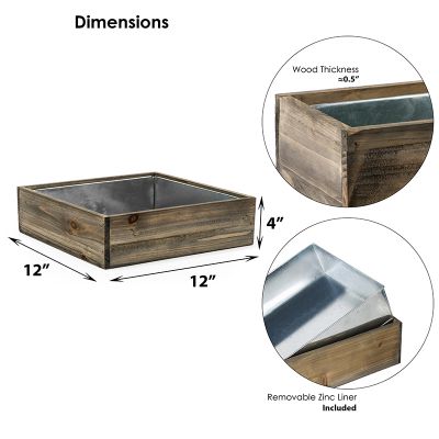 4" Decorative Garden Wood Square Box Planter with Zinc Metal Liner Vase